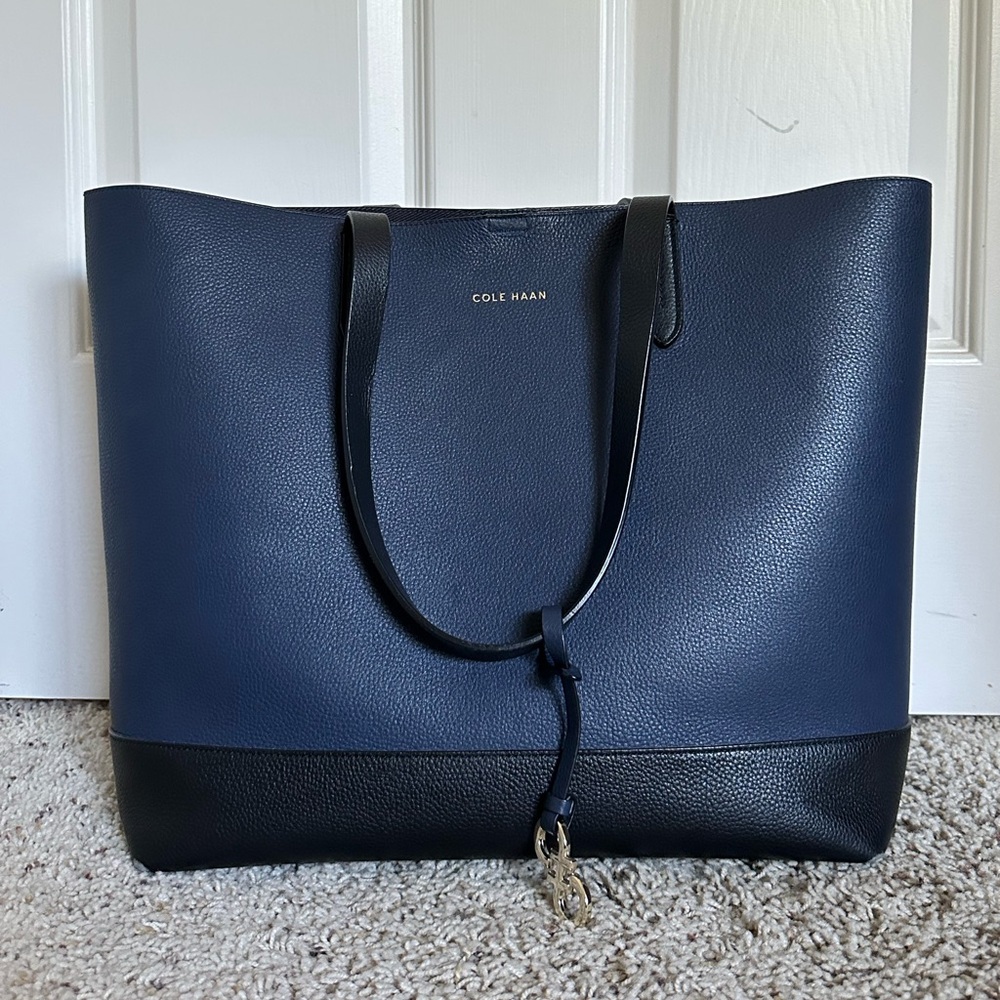 Cole Haan navy blue and black large leather tote
